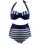 Cocoship Retro Navy Blue Stripe  Bikini Swimsuit