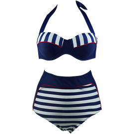 Cocoship Retro Navy Blue Stripe  Bikini Swimsuit