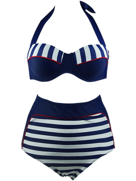 Cocoship Retro Navy Blue Stripe  Bikini Swimsuit