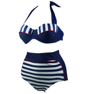 Cocoship Retro Navy Blue Stripe  Bikini Swimsuit