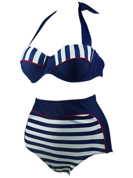 Cocoship Retro Navy Blue Stripe  Bikini Swimsuit