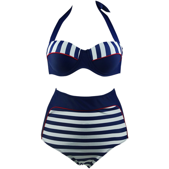 Cocoship Retro Navy Blue Stripe  Bikini Swimsuit